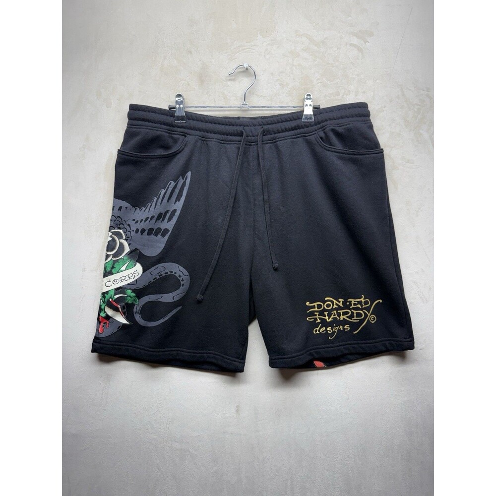 Ed Hardy Mens Fleece Shorts XL Black Dagger Rose Tattoo Snake Graphic Lounge Gym